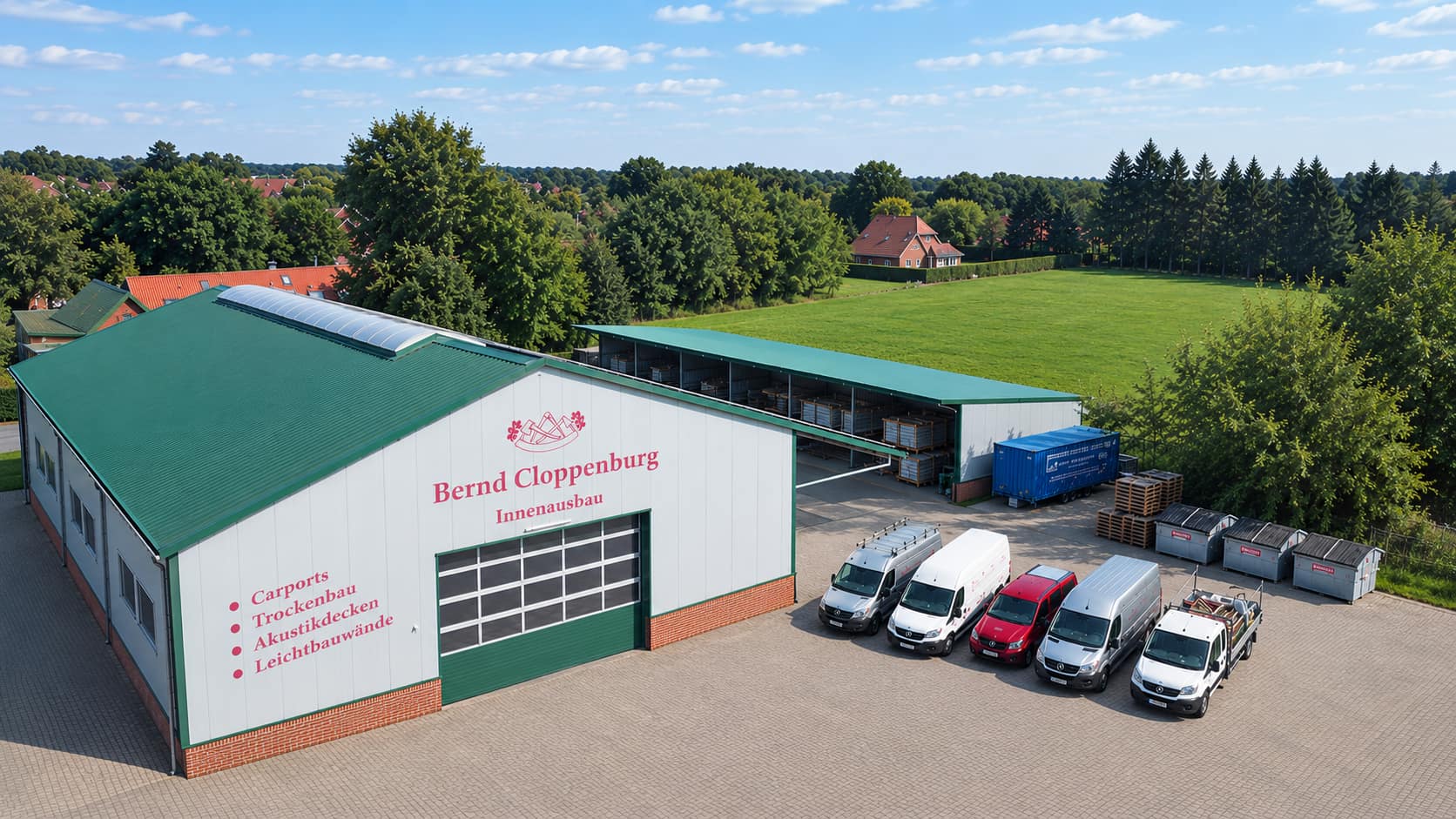 KI-generiertes Luftbild des Betriebsgebäudes von Bernd Cloppenburg Innenausbau in 26219 Petersdorf mit Fuhrpark