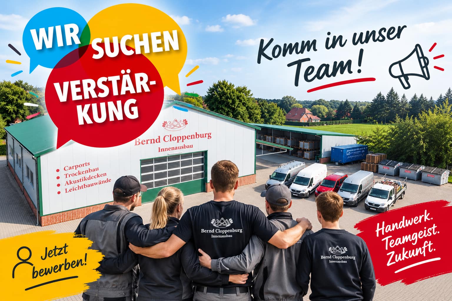 KI-generiertes Bild: Team von Bernd Cloppenburg Innenausbau vor der Betriebshalle – Wir suchen Verstärkung, komm in unser Team!